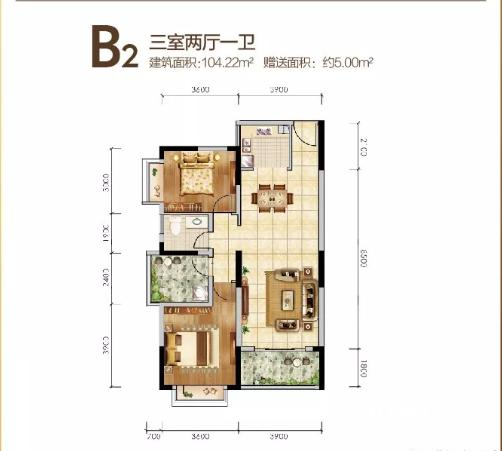 银冠名城3室2厅1卫104.2㎡户型图